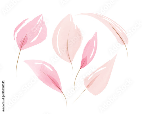 Delicate watercolor leaves in various shades of pink and light pink appear translucent. Each leaf shows a subtle stem line.