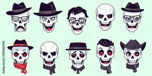 Funny Cartoon Skull Character Set with Hats, Glasses, and Expressive Faces Vector