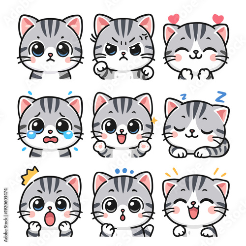 A set of cute anime cats illustrations doing different activities with different expressions.Stickers or badges. American Shorthair
