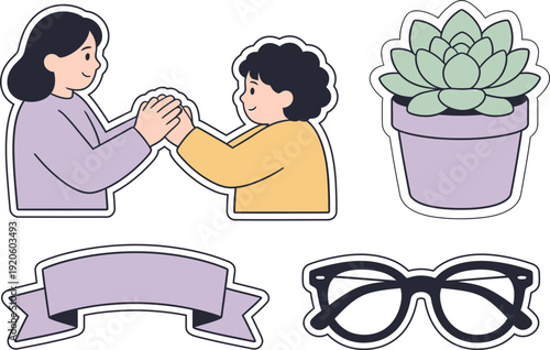 Mother and Child Cartoon Sticker Set. Succulent, Glasses, and Ribbon Banner Graphics. Vector Illustration