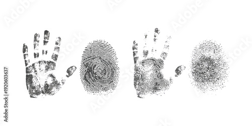 A set of black and white handprints and fingerprints on a white background, suggesting forensic identification.