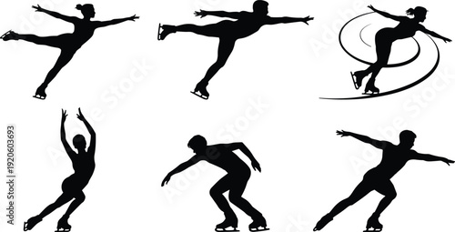 Figure Skating Silhouette Set Featuring Men And Women Ice Skating In Graceful Poses For Winter Sports Competition Speed Skating Athletic Performance And