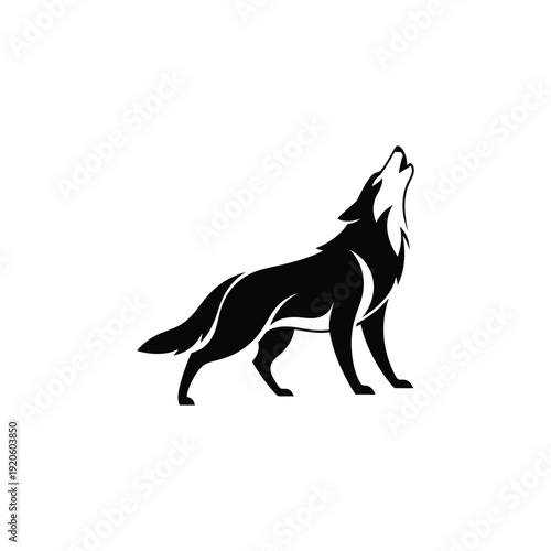 Black wolf howling at the moon in a serene landscape illustration from a side viewpoint