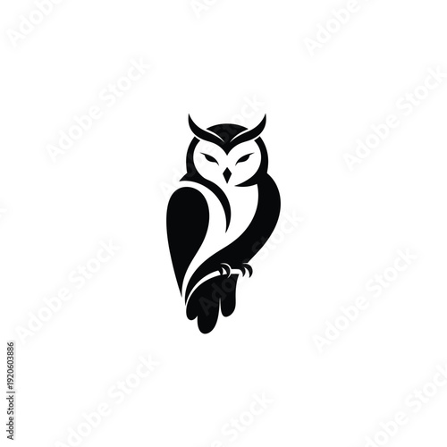 A majestic owl perched on a branch, illustrated in a minimalist black and white style, viewed from the front.