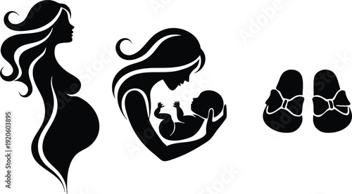 Pregnancy and Newborn Baby Set. Pregnant Woman, Mother Holding Baby, and Infant Shoes. Vector Illustration