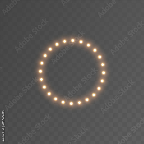 Light bulb gold circle frame. Glitter luxury decoration. Golden lamp rectangle banner. Retro neon wall billboard. Cinema, casino design. Mirror background. Marquee circus bg. Vector illustration