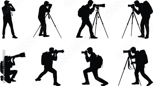 Professional Photographer Silhouette Set Featuring Men With DSLR Cameras Tripods And Backpacks For Wildlife Journalism Travel Paparazzi Studio Photography Media And Press