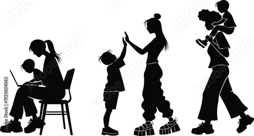 Working Mom and Active Parenting Silhouette Set. Business, Play, and Daily Life Graphics. Vector Illustration