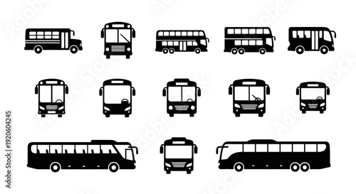 Collection of various bus icons and illustrations in black and white.