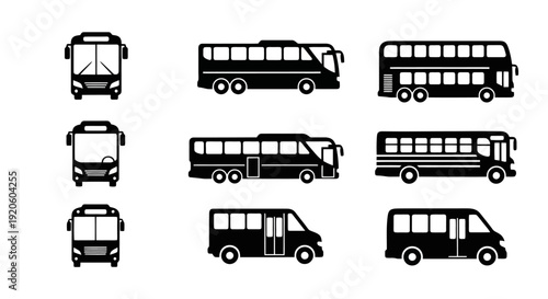 Collection of various bus and van silhouettes for transportation concepts.