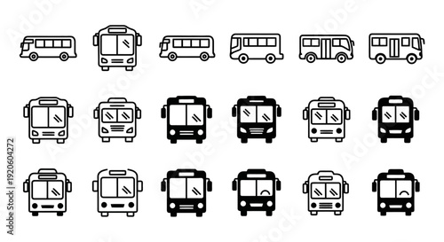 Collection of various bus icons and illustrations.
