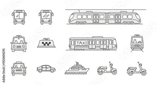 Collection of transportation vehicle line art icons.