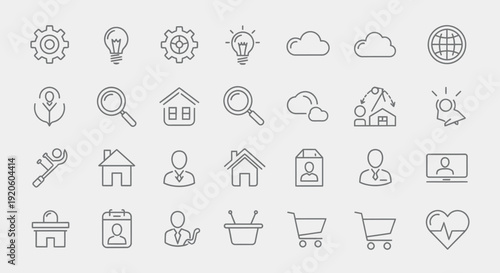 Collection of thin line icons representing various concepts.