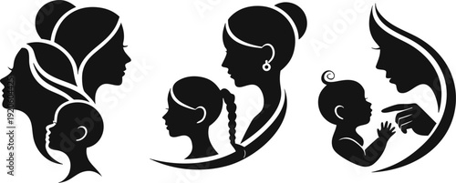 Mother and Child Silhouette Set. Parenting, Love, and Family Connection Graphics. Vector Illustration