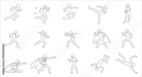 Collection of stylized line art figures in various action poses.