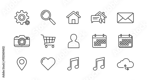 Collection of simple outline icons for user interface design.
