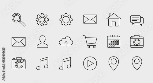 Collection of simple outline icons for digital applications and websites.