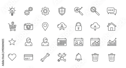Collection of simple line icons representing various digital concepts and services.