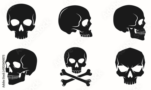 Human Skull Silhouette Collection with Various Angles and Crossbones Vector Set