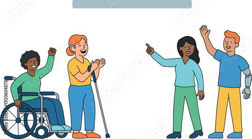 Flat vector illustration of diverse people with disabilities presenting and celebrating at a whiteboard. Inclusive teamwork concept ideal for accessibility, workplace diversity and education design.