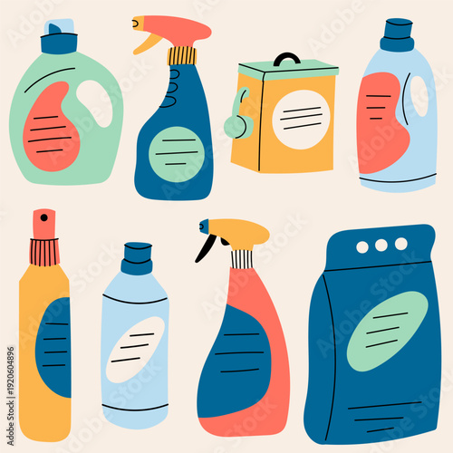 Cleaning Supplies. Set of colorful cleaning supplies bottles including detergent, spray and laundry products. Perfect for household, hygiene, sanitation and home care concepts.
