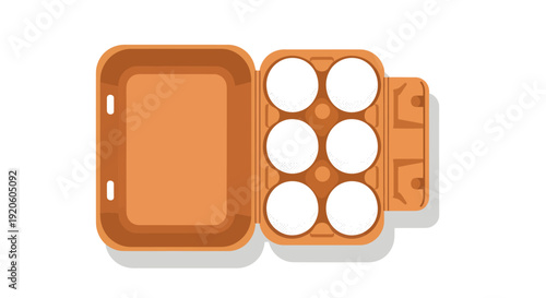 An open brown cardboard egg carton rests on a white surface, displaying a neatly arranged half dozen of pristine white eggs in a clean, flat-shaded vector illustration style with a subtle drop shadow
