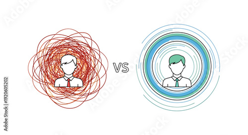 Conceptual Versus Showing Contrast Between Chaotic Messy Thoughts And Organized Clear Thinking With Person Icons Facing Each Other Separated By Vs