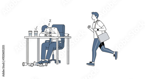 Man Sleeping at Desk with Empty Coffee Cups While Another Man Runs With Bag Towards Goal