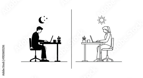 Remote Work Across Time Zones Showing Different Work Environments Day and Night Contrast Computer Office Lifestyle Concept