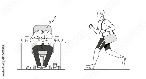 Healthy Lifestyle Versus Sedentary Office Work Exhaustion Represents Physical Activity Choice and Well Being Concept