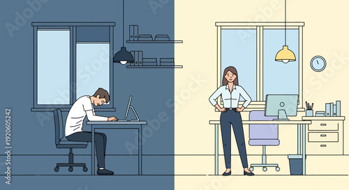 Contrast Of Office Work Environments With Tired Employee Versus Energetic Professional