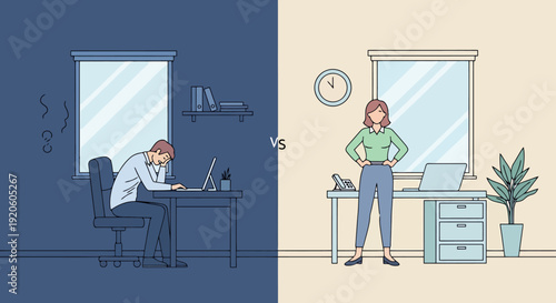 Man looking exhausted at a desk versus a woman looking confident at a desk illustrating work life balance or different work styles