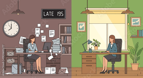 Office Transformation Showing Progress From Messy Cluttered Workspace To Organized Clean Modern Business Environment