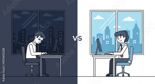 Contrasting Work Environments Person Working Overtime in Dark Office Versus Productive Daytime Startup Workspace with City View