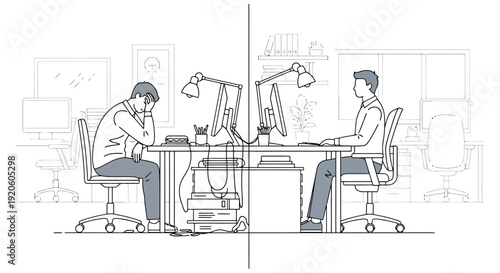 Business Office Setting Divided Contrasting Worker Productivity Showing Sad Exhausted Employee Next to Focused Professional Colleague Working on