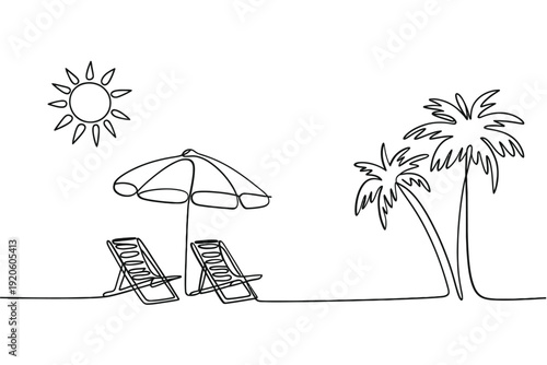 A minimalist line drawing depicts a tropical beach scene with sun palms and chairs