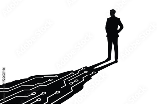 A silhouetted man stands with a shadow resembling a circuit board