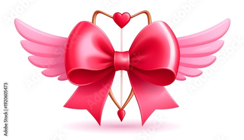 A vibrant, glossy red bow, center framed, surrounded by pink wings and golden arrow.  Above, a heart. Below, an inverted heart