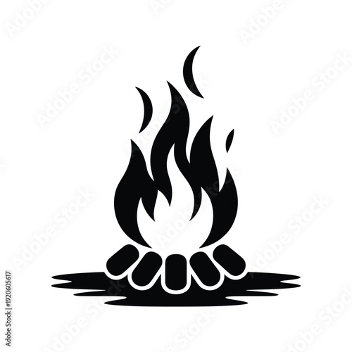 A simple black and white illustration of a campfire with stylized flames