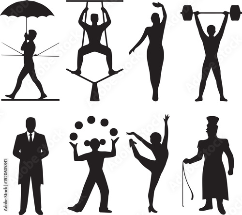 Silhouettes of people performing various activities and professions in black and white