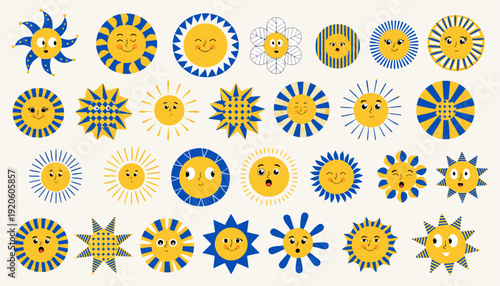 Very beautiful playful flat vector collection of smiling sun characters with expressive faces and diverse rays, combining bright yellow circles and starbursts for cheerful summer and children’s design