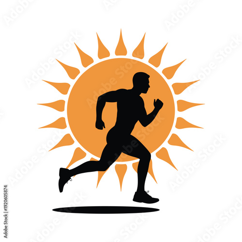 A silhouetted runner is depicted in front of a vibrant orange sunburst