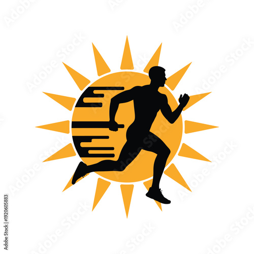Silhouette of a runner positioned before a vibrant stylized sunburst design