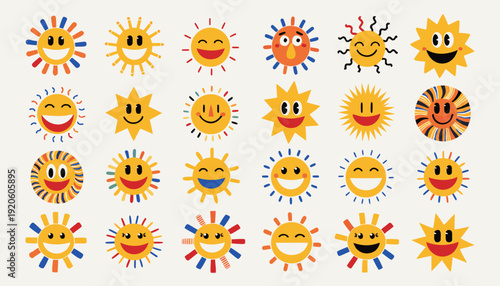Very beautiful playful flat vector collection of smiling sun characters with expressive faces and diverse rays, combining bright yellow circles and starbursts for cheerful summer and children’s design