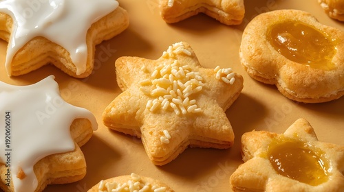 Star Shaped Shortbread Cookies with Icing and Fruit Jam on Brown Background