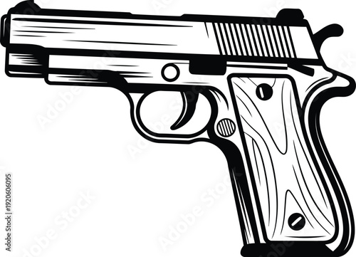 A black and white drawing of a semi-automatic pistol