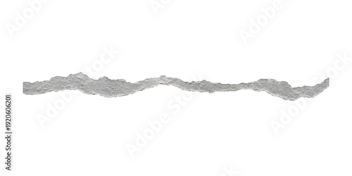 A horizontally oriented isolated piece of torn gray paper with a rough edge on a clean white background.