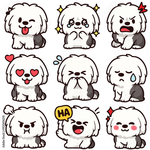 A set of cute anime dogs illustrations doing different activities with different expressions.Stickers or badges. Old English Sheepdog