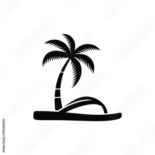 A minimalist black and white illustration of a palm tree and flip flop