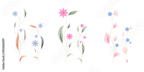 Delicate watercolor botanical elements appear on a simple white background. Slender stems carry soft green, pink, and orange leaves, complemented by small blue and vibrant pink flowers.